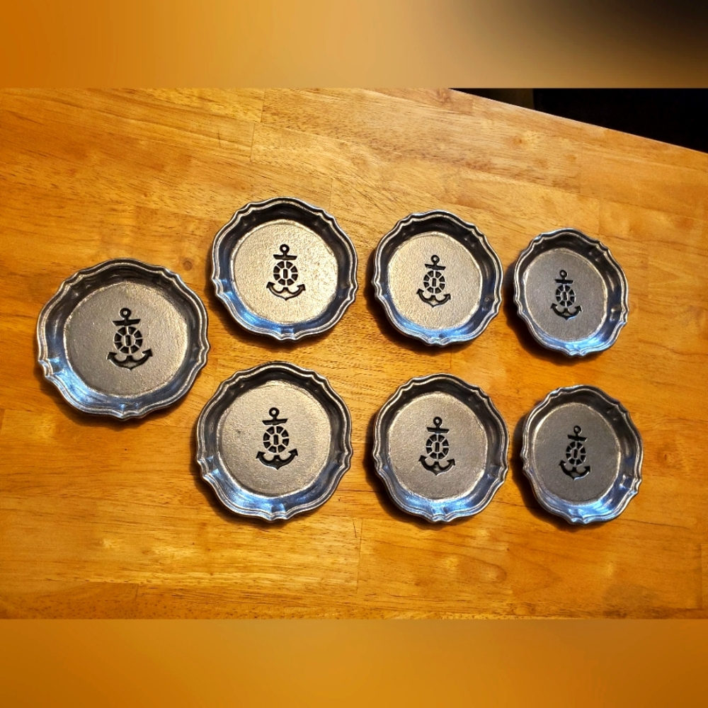 Pewtarex Simpatico Vintage Yacht Club Silver Pewter York Pen Anchor Coasters Set